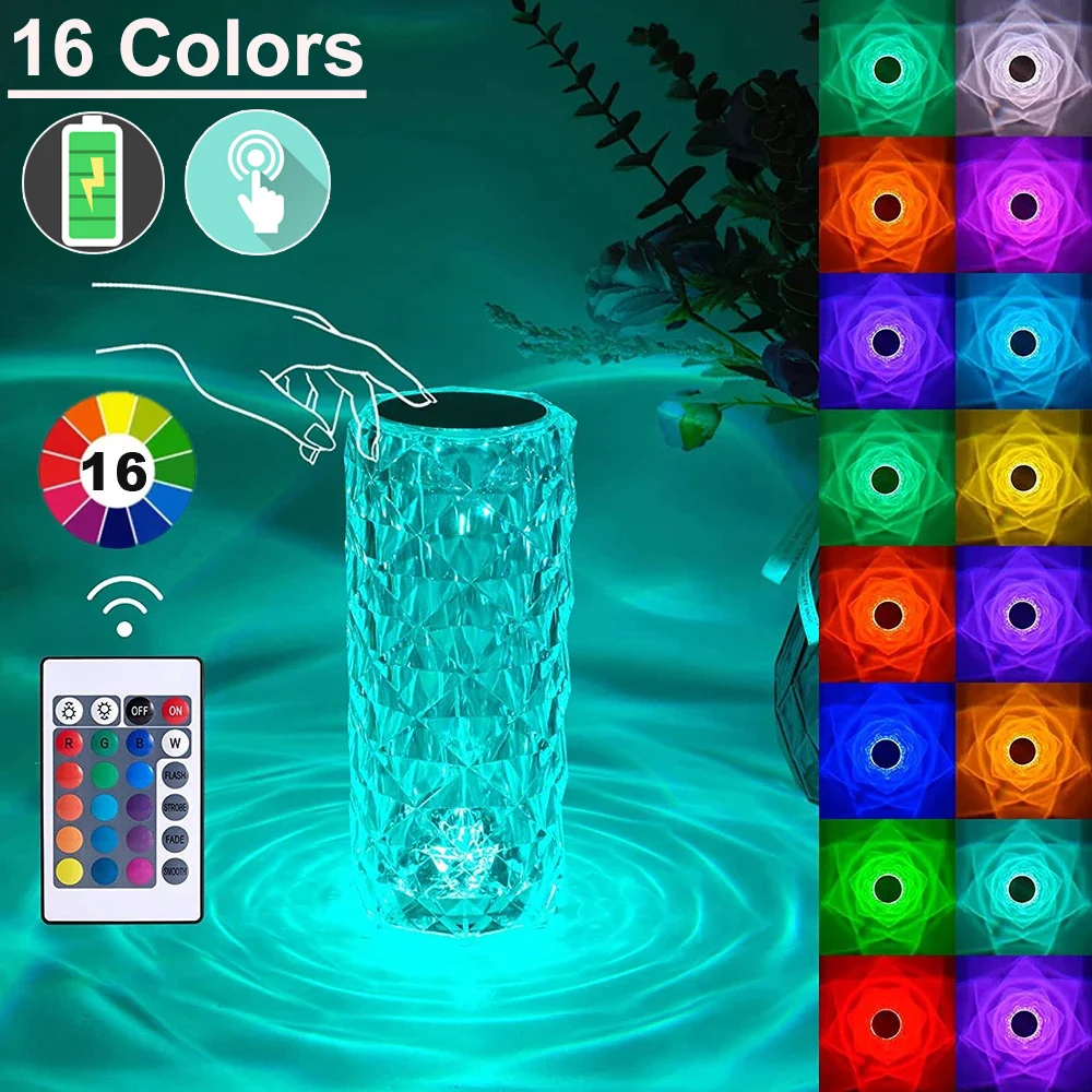 16-Color LED Rose Crystal Lamp | Touch Rechargeable Diamond Light for Romantic Home & Bar Decor